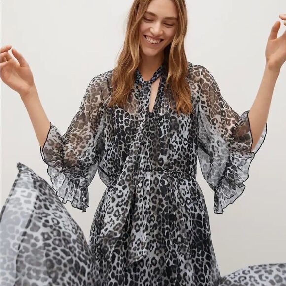 Mango Animal Print Long Ruffle Dress New - Picture 3 of 11